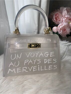 Azura The Label Clear White Transparent Bag with Gold Hardware top handle/cross